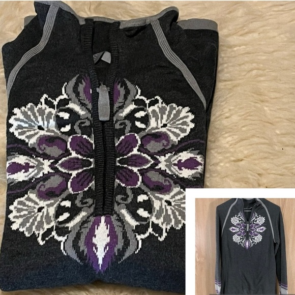 Pullover Knit 1/4 Zip Dark Gray Purple Floral Sweater - Picture 1 of 7